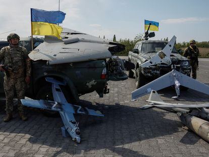 Destroyed Russian drones are seen as members of the mobile air defence groups attend a handover ceremony of pick up trucks with DShK machine guns donated by a volunteer group, amid Russia's attack on Ukraine, near the town of Borispil, Kyiv region, Ukraine May 10, 2023. REUTERS/Gleb Garanich