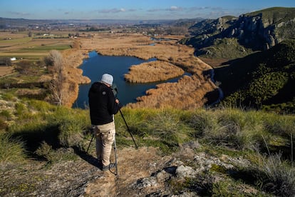 El guía de naturaleza Jesús García trata de avistar aves en las lagunas de San Juan, un humedal a 10 kilómetros de Chinchón.