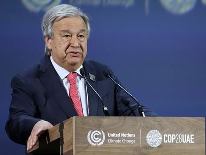El secretario general de la ONU, António Guterres, durante su discurso en la COP28, en Dubái.