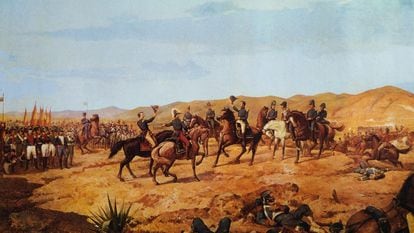 Antonio José de Sucre saluda a sus generales después de la batalla de Ayacucho, en un cuadro de MartÍn Tovar y Tovar (1827-1902).