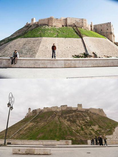 Vistas de la ciudadela de Alepo, del Siglo XII. El Ejército sirio mantuvo el control de la ciudadela durante toda la guerra. En la parte superior, foto tomada en 2010; en la inferior foto tomada en 2017.