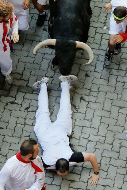 Un corredor cae delante de las astas de uno de los toros, de la corrida de esta tarde en Pamplona