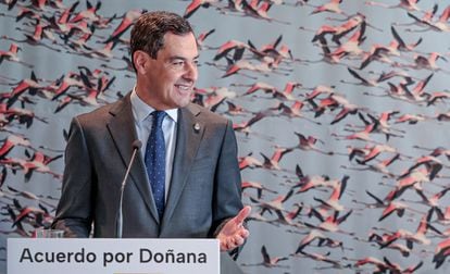 El presidente de la Junta de Andalucía, Juan Manuel Moreno, el pasado lunes al presentar el pacto por Doñana en Almonte (Huelva).