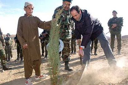 El ministro de Defensa, José Bono, planta un árbol en memoria de los 17 militares españoles que fallecieron el pasado mes de agosto en un accidente de un helicóptero en la provincia afgana de Herat.