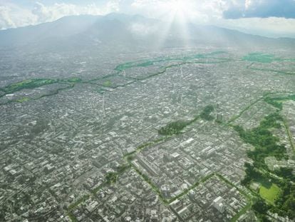 Vista aérea de San José con el trazado del proyecto de rutas naturbanas.