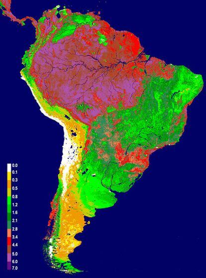 Imágenes tomadas por los satélites de la NASA muestran los patrones medios de frondosidad de la vegetación en Sudamérica: las zonas en rojo y rosa son las más frondosas; las verdes, las que tienen una menor vegetación, y las amarillas, los desiertos costeros.