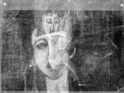 Retrato de una mujer oculto bajo la obra &#039;Retrato de una ni&ntilde;a&#039; de Amadeo Modigliani.