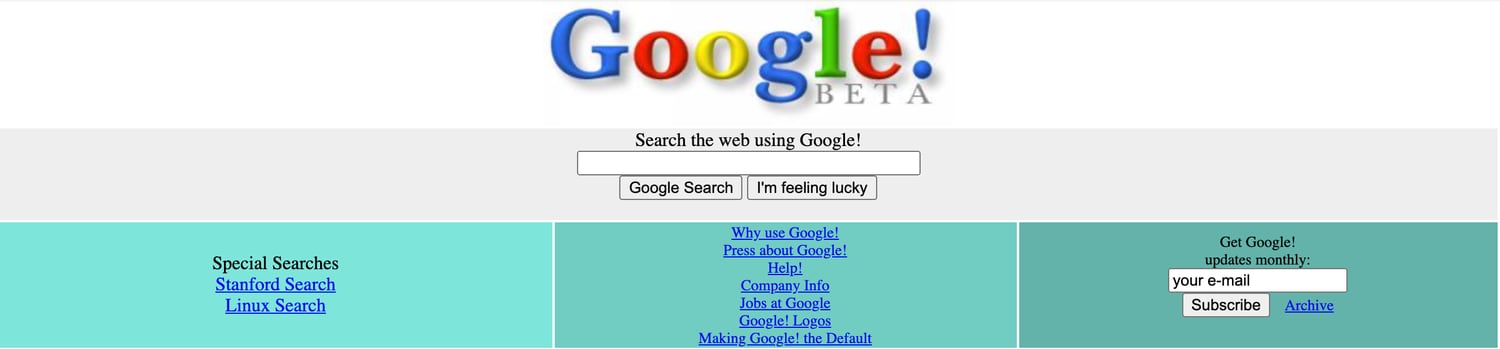 La página principal de Google, aún en versión Beta, en 1999