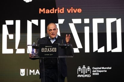 El presidente de la LaLiga, Javier Tebas, participa en el acto institucional #ElClásicoEnMadrid, de cara al duelo de este domingo.