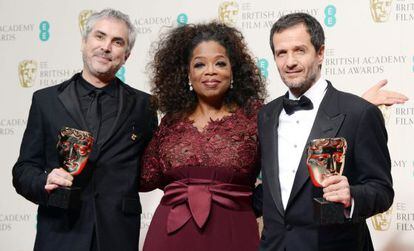 David Heyman (dcha), Oprah Winfrey y Alfonso Cuaron.