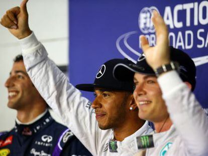 Rosberg, Hamilton y Ricciardo, tras la clasificaci&oacute;n.