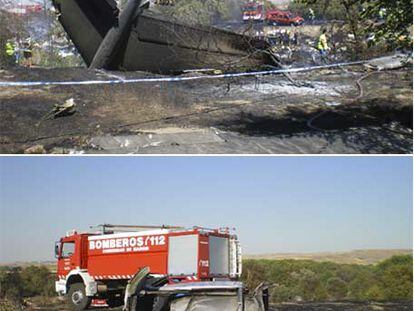 Arriba, la cola del avión tras el accidente. Debajo, el motor izquierdo con la reversa activada.