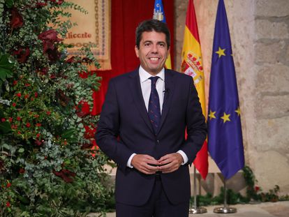 El presidente de la Generalitat Valenciana, Carlos Mazón, durante el discurso de fin de año.