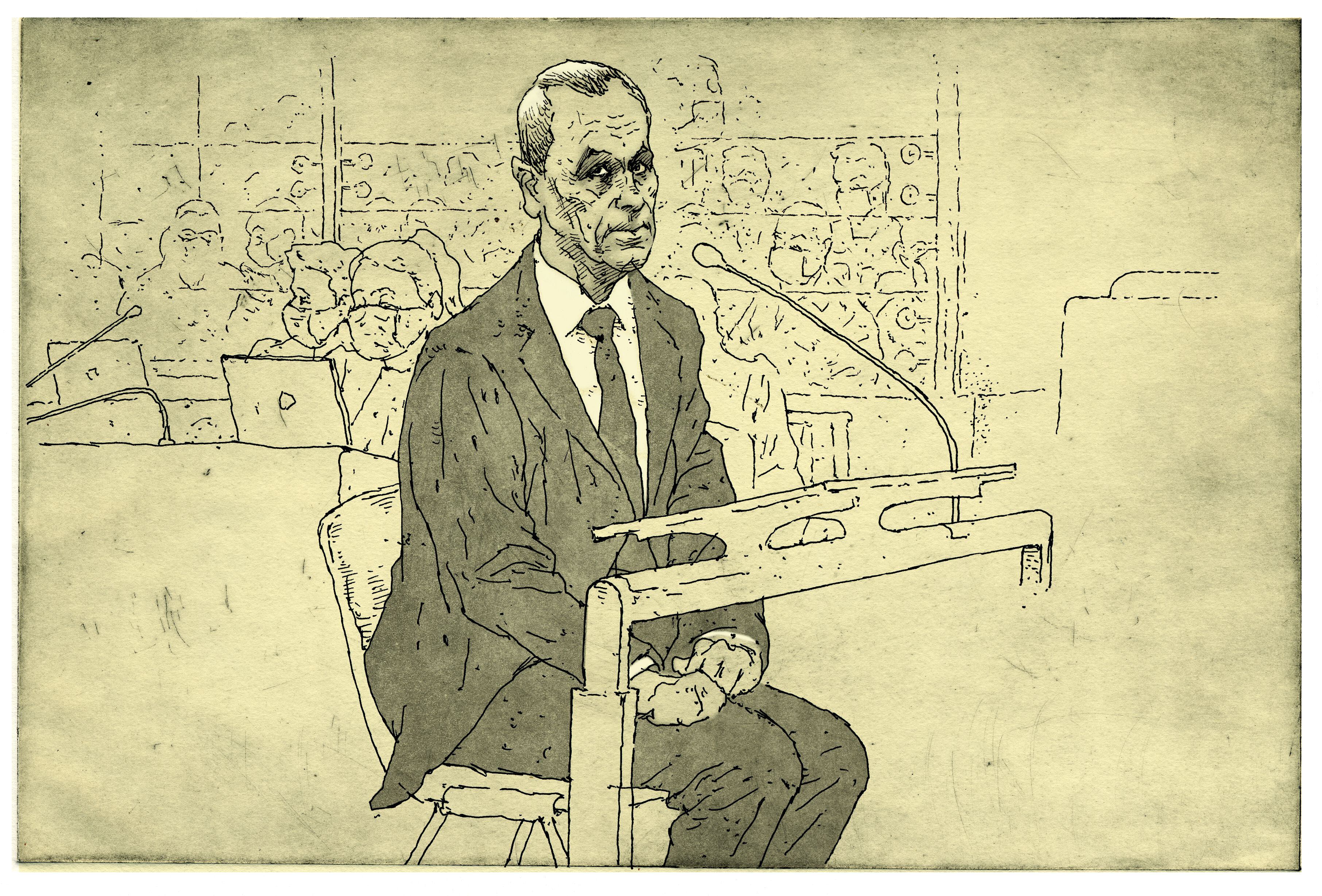 El fiscal François Molins, dibujado por Sergio Aquindo para 'Le Monde'.