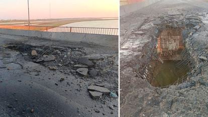 Destrozos causados por un misil en el puente de Chonhar, que une Crimea con el sur de Ucrania, este jueves.