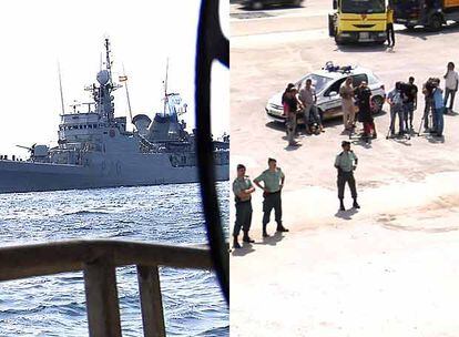 A la izquierda, la corbeta <i>Infanta Elena</i> sigue al barco <i>Ocean Alert</i> poco antes de su apresamiento, el 12 de julio. A la izquierda, la Guardia Civil espera la llegada del buque al puerto de Algeciras.