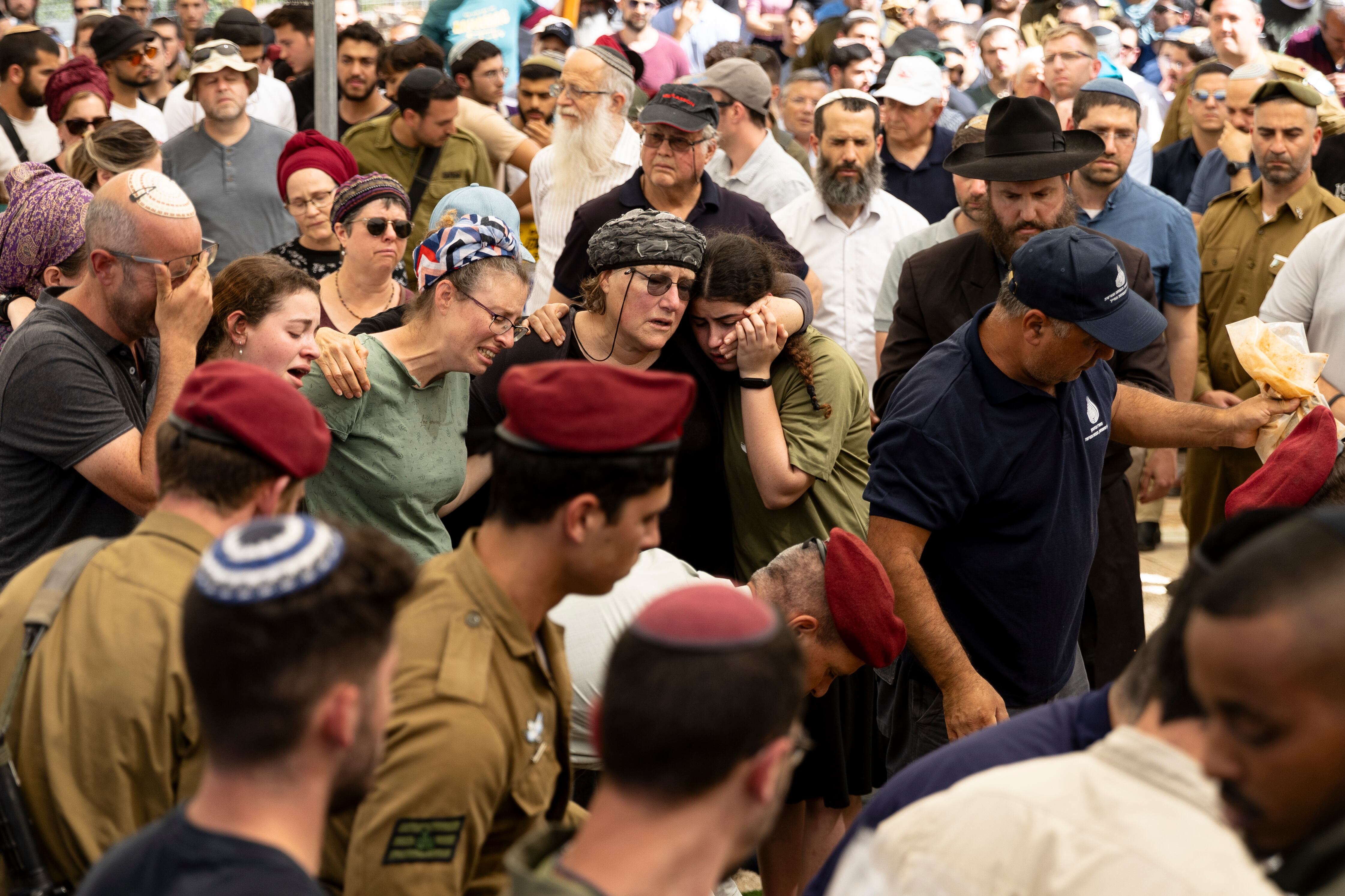 KARNEI SHOMRON, WEST BANK - MAY 16: Family members and friends mourn at a funeral for Israel Defense Forces Sgt. Gilad Aryeh Boim on May 16, 2024 in Karnei Shomron, West Bank. The sergeant was one of five soldiers killed in what the Army said was a "friendly fire" incident in Gaza yesterday, when an Israeli tank fired on a building the men were in. Seven others were injured.(Photo by Amir Levy/Getty Images)