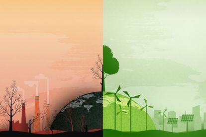 Concept of global warming and climate change.  Half world polluted and green environmental background.  Paper art of ecology and environment concept.  Vector illustration.