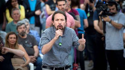 El líder de Unidas Podemos Pablo Iglesias durante el acto electoral que la formación en Madrid. 