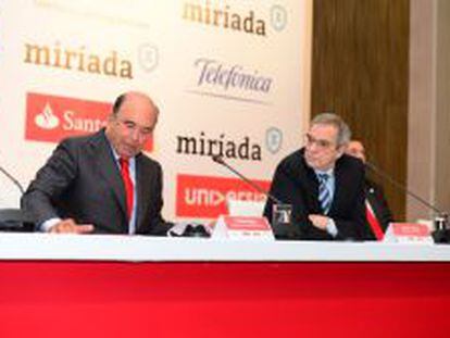 Emilio Bot&iacute;n, presidente de Banco Santander, y C&eacute;sar Alierta, presidente de Telef&oacute;nica, en R&iacute;o de Janeiro.