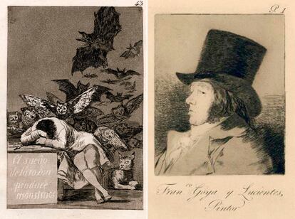 Desde la izquierda, 'El sueño de la razón produce monstruos', de Francisco de Goya (1799) y autorretrato de Goya vestido de caballero.