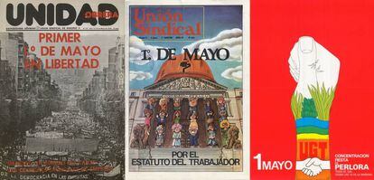 Algunos de los carteles expuestos en la muestra &#039;El 1&ordm; de mayo y la democracia (1975-1985)&#039;.