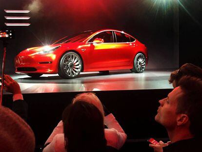 A Tesla Model 3 sedan, its first car aimed at the mass market, is displayed during its launch in Hawthorne, California, U.S. March 31, 2016. REUTERS/Joe White -