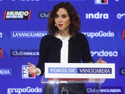 Isabel Díaz Ayuso interviene en un evento organizado por el diario La Vanguardia, este martes en Barcelona.