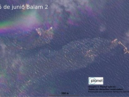 Un derrame de crudo sucedido en el Golfo de México, en una fotografía satelital del 5 de junio.