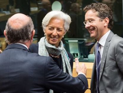 Guindos, Lagarde y Dijsselbloem, en Bruselas.