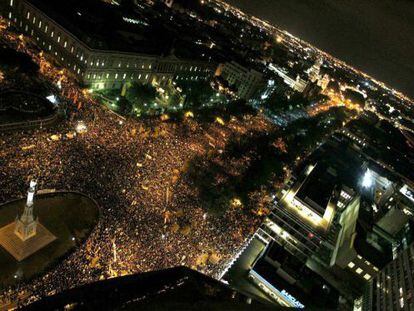 Vista panorámica de la plaza de Colón de Madrid durante la manifestación de la huelga general 14-N.