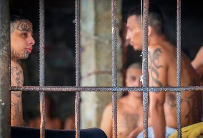 Varios pandilleros en la cárcel de Izalco, San Salvador, el 26 de abril de 2020.
