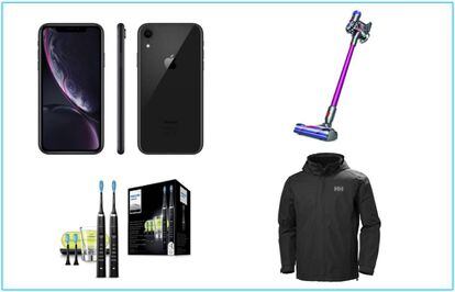 A la izquierda, arriba, iPhone XR 64G y, debajo, pack de cepillos Philips Sonicare. A la derecha, arriba, aspirador de escoba Dyson V7 y, debajo, chaqueta Helly Hansen.