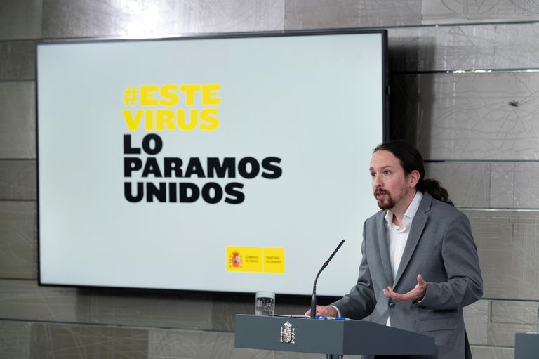 El vicepresidente y ministro de Derechos Sociales, Pablo Iglesias, durante la rueda de prensa ofrecida en el Palacio de La Moncloa tras el Consejo de Ministros de este martes en Madrid.