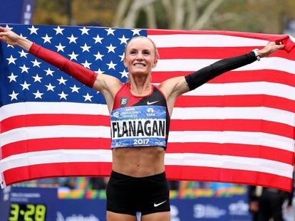 Shalane Flanagan tras ganar el maratón.