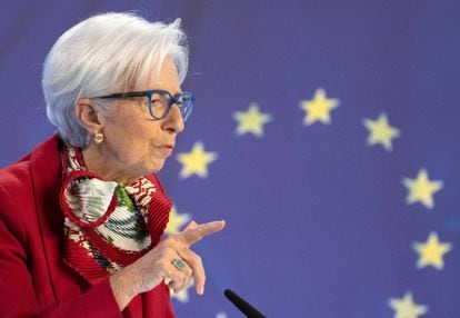 La presidenta del BCE, Christine Lagarde, en la rueda de prensa del 16 de marzo