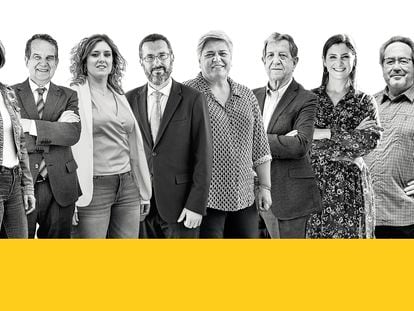 De izquierda aderecha, los ocho alcaldes protagonistas: Núria Parlón (PSC), de Santa Coloma de Gramenet; Abel Caballero (PSOE), de Vigo; Aina Benavent (Compromís), de Quatretonda; Juan Franco (La Línea 100x100), de La Línea de la Concepción; Noelia García (PP), de Los Llanos de Aridane; Luis Partida (PP), de Villanueva de la Cañada; Leticia Santos (BNG), de Moaña, y Francisco Guarido (IU), de Zamora.