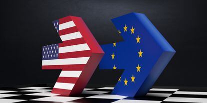 Banderas de Estados Unidos y la Unión Europea.