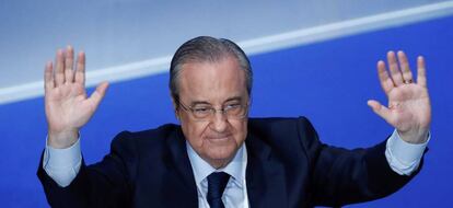 El presidente del Real Madrid, Florentino Pérez, durante su intervención en la Asamblea General ordinaria de la entidad