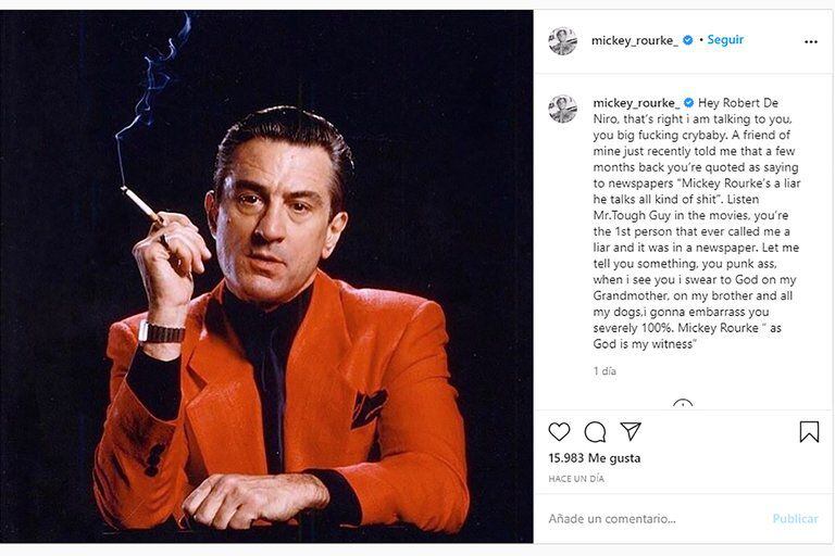 La publicación de Mickey Rourke contra Robert de Niro borrada de su perfil de Instagram.