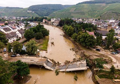 Aerial view of the damage to a bridge in the German town of Bad Neuenahr-Ahrweiler.