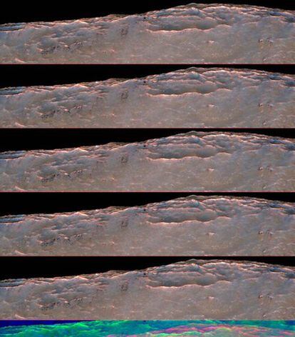 Panorama circular del interior de un cráter de Marte en la que los científicos identifican minúsculas variaciones en el terreno entre la estación templada y la fría.