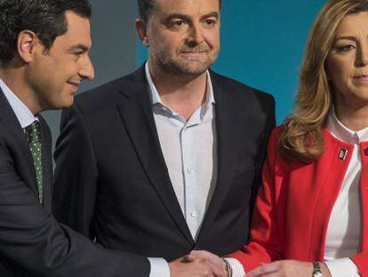 Juanma Moreno (PP), Antonio Maíllo (IU) y Susana Díaz (PSOE).