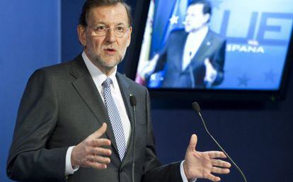 El presidente del Gobierno, Mariano Rajoy, en la rueda de prensa al t&eacute;rmino del Consejo Europeo.