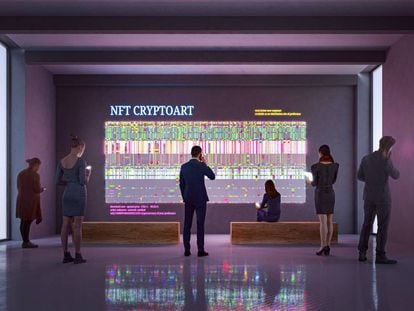 Imagen de una exhibición NFT en una galería de arte generada en 3D.  GETTY