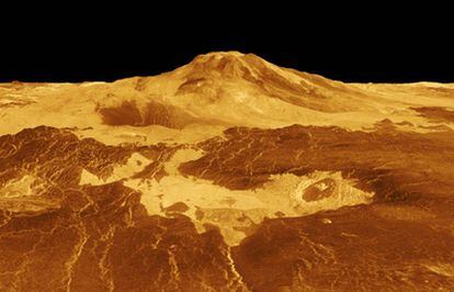 Imagen tridimensional del monte volcánico Maat Mons, en Venus, realizada con el radar de la sonda <i>Magallanes</i> de la NASA
