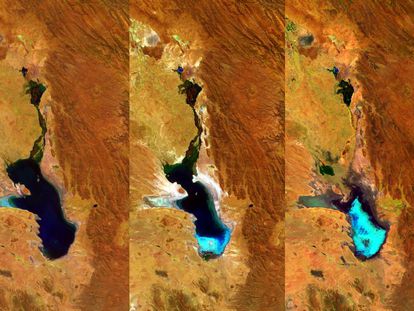 Tres imágenes del Poopó, captadas por la ESA.