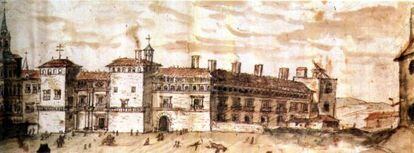 Grabado de Anton van Wyngaerde que reproduce el Real Alcázar durante las reformas de Felipe II.