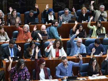 La bancada de Más Madrid vota a mano alzada durante un pleno en la Asamblea de Madrid, el 22 de diciembre.