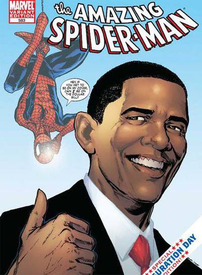 En la portada, Spiderman pide a Obama que ponga su cara en los billetes de dólar.